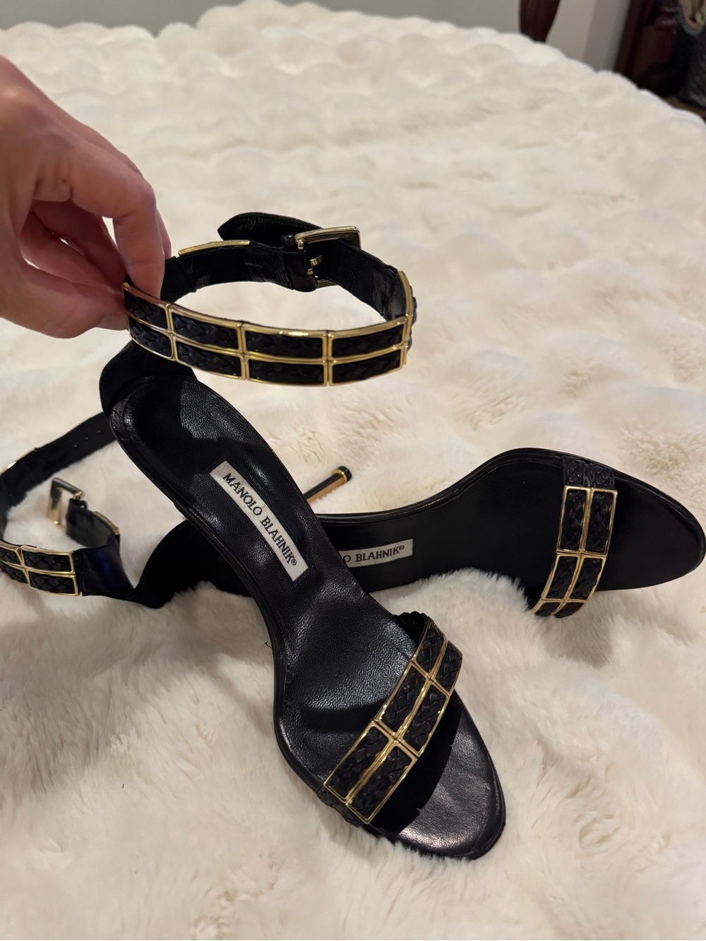 Manolo Blahnik Black and Gold Leather Ankle-Strap Heels